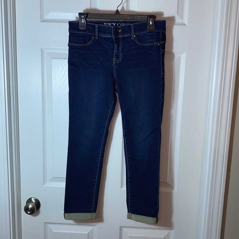 Juicy Couture Women's Solid Denim Blue Jeans Pockets Designer Cuff Bottom Size 6